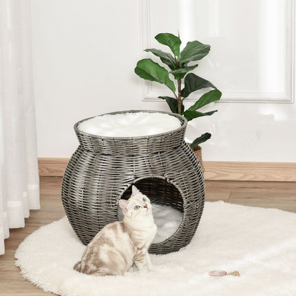 Two-story rattan cat basket with cushions, dark grey
