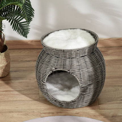 Two-story rattan cat basket with cushions, dark grey