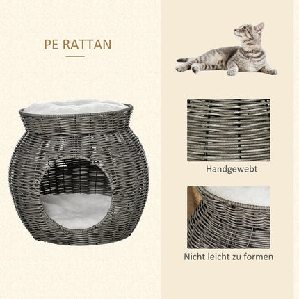 Two-story rattan cat basket with cushions, dark grey