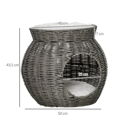 Two-story rattan cat basket with cushions, dark grey