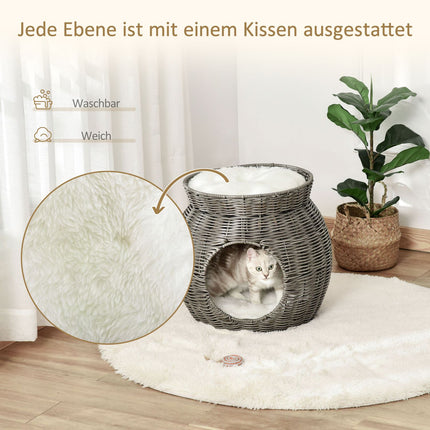 Two-story rattan cat basket with cushions, dark grey