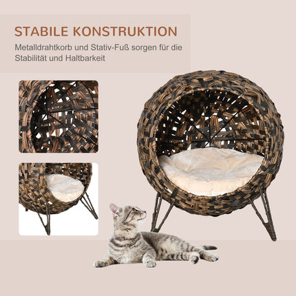 Rattan Cat Bed, raised design with pillow, brown Ø52cm