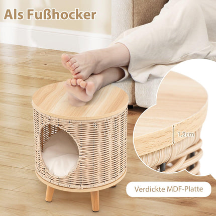 Rattan Cat Bed with Wood Legs & Removable Cushion