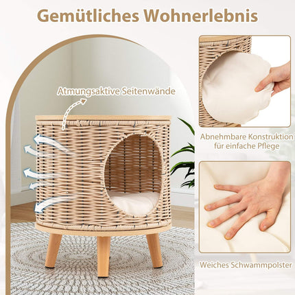 Rattan Cat Bed with Wood Legs & Removable Cushion