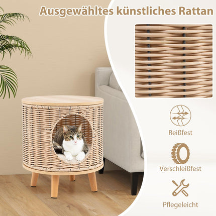 Rattan Cat Bed with Wood Legs & Removable Cushion