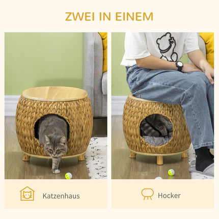 Rattan Cat Cave & Bed - 2-in-1 with pillow, 44x43x42cm
