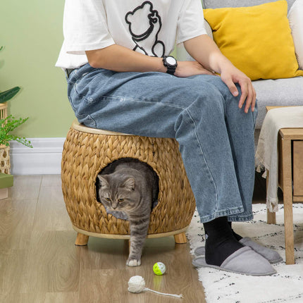 Rattan Cat Cave & Bed - 2-in-1 with pillow, 44x43x42cm