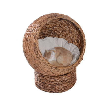 Rattan Cat Cave Bed With Cushion, Water Hyacinth, 50cm