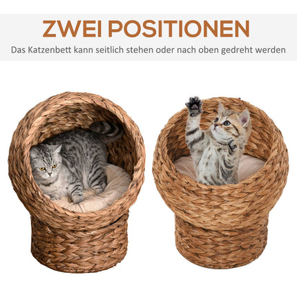 Rattan Cat Cave Bed With Cushion, Water Hyacinth, 50cm