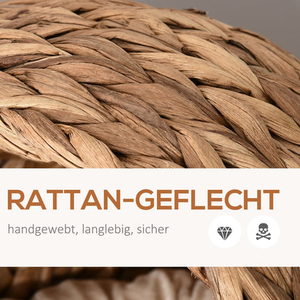 Rattan Cat Cave Bed With Cushion, Water Hyacinth, 50cm