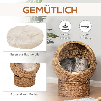 Rattan Cat Cave Bed With Cushion, Water Hyacinth, 50cm