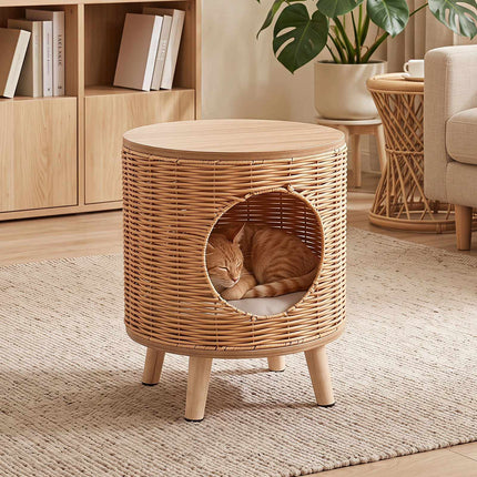 Rattan Cat House with Removable Cushion & Rubberwood Base