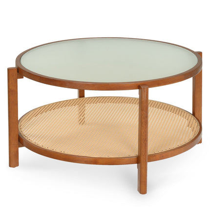 Rattan Coffee Table with Frosted Glass Top and Wood Legs