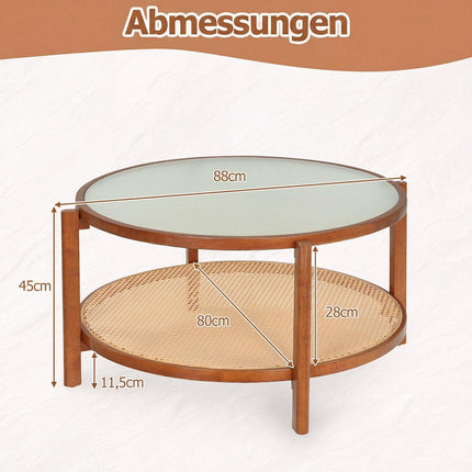Rattan Coffee Table with Frosted Glass Top and Wood Legs
