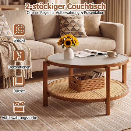 Rattan Coffee Table with Frosted Glass Top and Wood Legs