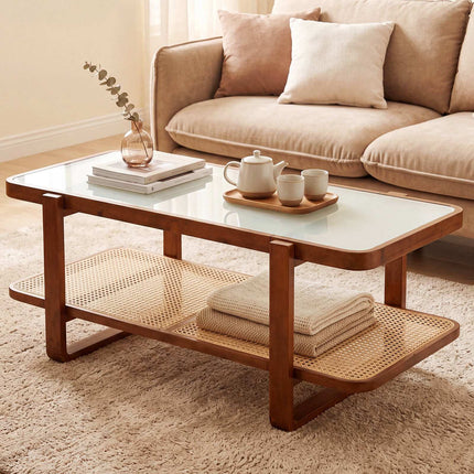 Rattan Coffee Table with Glass Top and Storage Shelf, Walnut