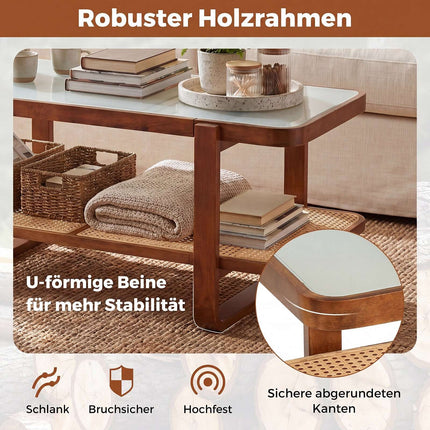 Rattan Coffee Table with Glass Top and Storage Shelf, Walnut
