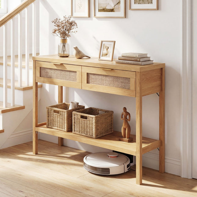 Rattan Console Table, 2 Drawers, Bottom Shelf, Natural