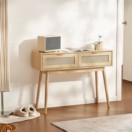 Rattan Console Table, 2 Drawers, Sliding Door, Entryway