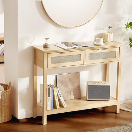 Rattan Console Table With 2 Drawers, Sliding Door