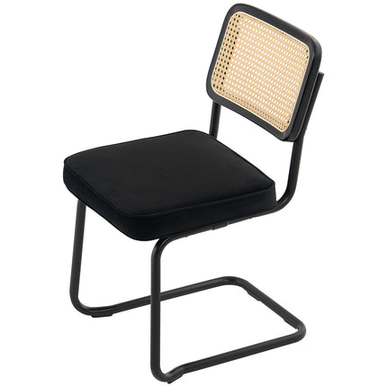 Rattan Dining Chairs Set of 2, Velvet Seat, Black