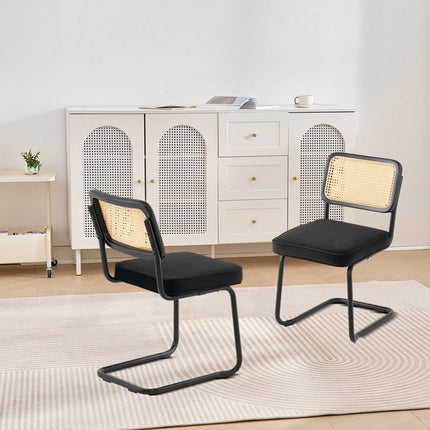 Rattan Dining Chairs Set of 2, Velvet Seat, Black