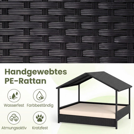 Rattan Dog House with Canopy, Elevated, for Pets Up to 60 kg