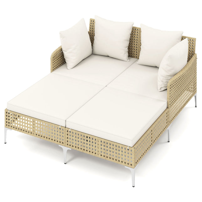 Rattan Double Sun Lounger with Cushions for 2 People