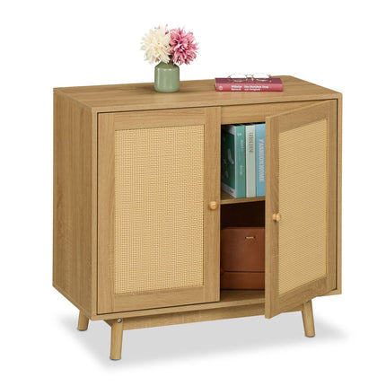 Rattan-Effect Sideboard, Wooden Legs, 2 Doors