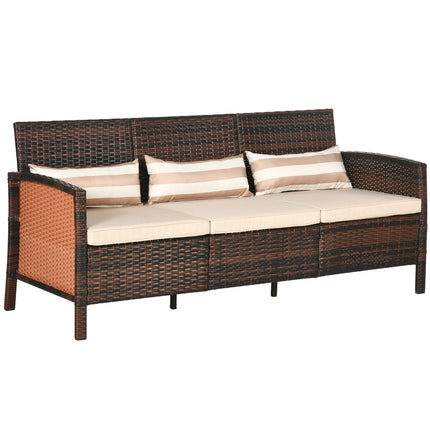 Rattan garden sofa, 3-seater with cushions, steel frame