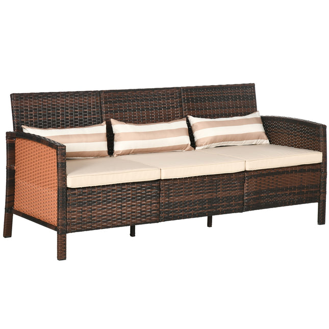 Rattan garden sofa, 3-seater with cushions, steel frame