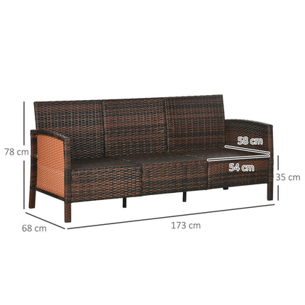 Rattan garden sofa, 3-seater with cushions, steel frame