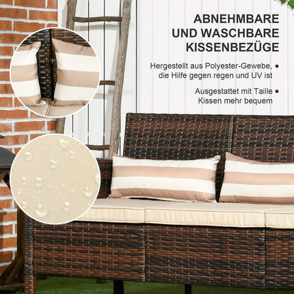 Rattan garden sofa, 3-seater with cushions, steel frame