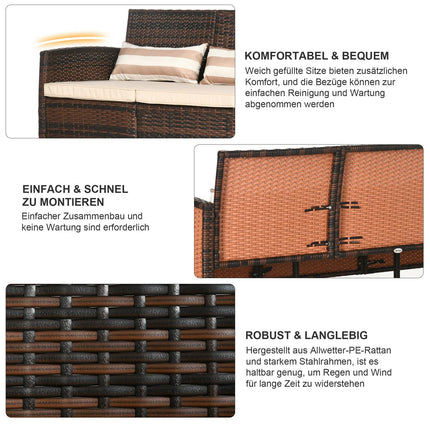 Rattan garden sofa, 3-seater with cushions, steel frame