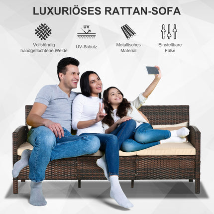 Rattan garden sofa, 3-seater with cushions, steel frame