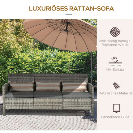 Three-seater garden sofa in rattan, cushions included, grey