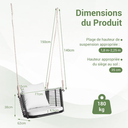 Rattan Hanging Chair, 180 kg, Cushion, Metal Frame