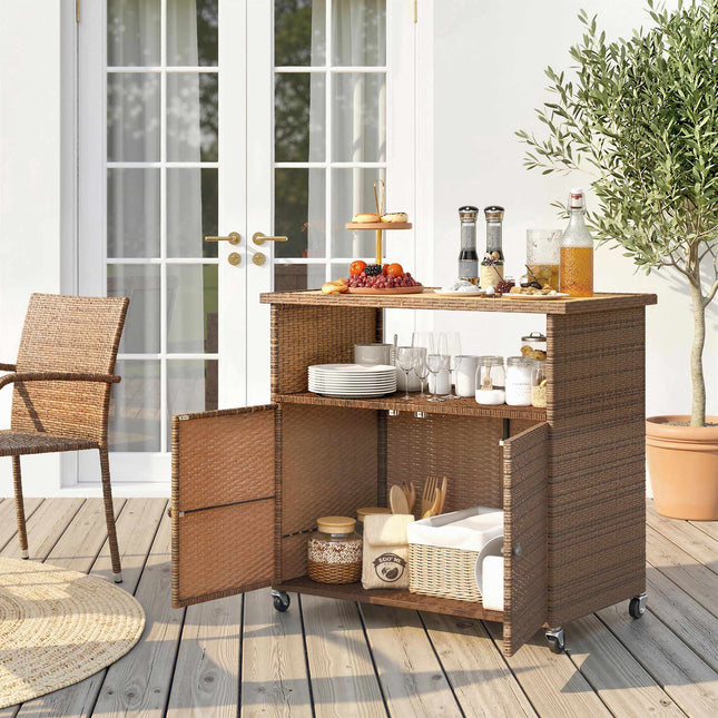 Rattan Kitchen Cart with Eucalyptus Top and Wheels