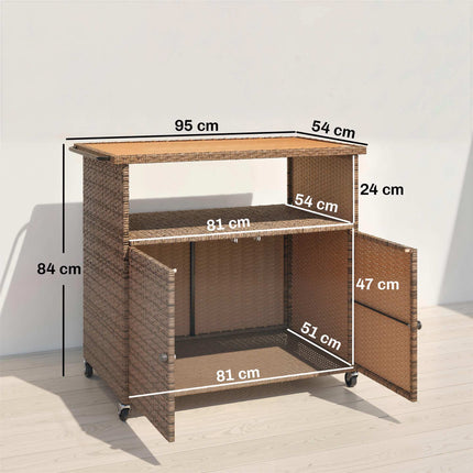 Rattan Kitchen Cart with Eucalyptus Top and Wheels