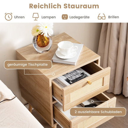 Rattan Nightstand Set, Boho Style, 2 Drawers, Wood Legs