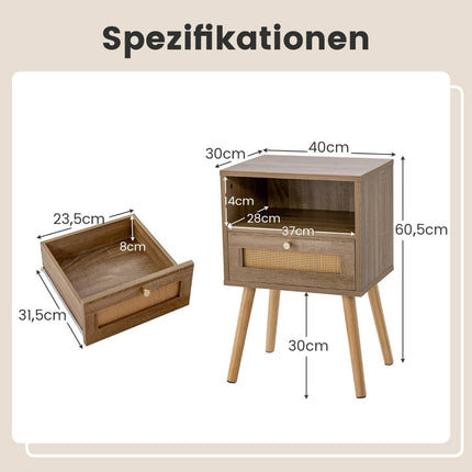 Rattan Nightstand Set of 2 with Drawer & Shelf, 40x30x60.5 cm