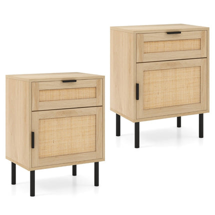 Rattan Nightstand Set of 2 with Drawer and Cabinet, 45x30x59 cm