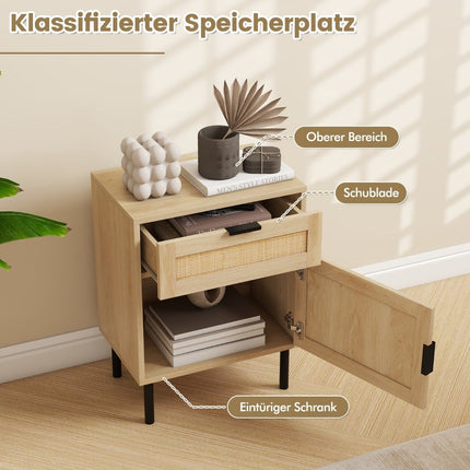 Rattan Nightstand Set of 2 with Drawer and Cabinet, 45x30x59 cm