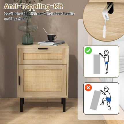 Rattan Nightstand Set of 2 with Drawer and Cabinet, 45x30x59 cm