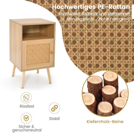 Rattan Nightstand Set with Storage, Open Shelf & Door