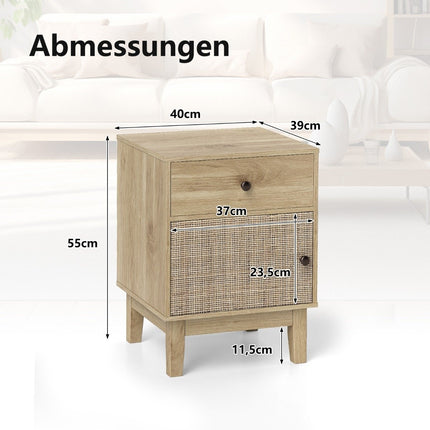 Rattan Nightstand with Drawer & Cabinet – Boho Style