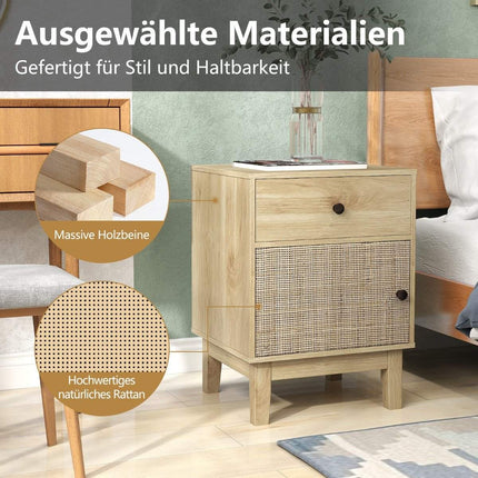 Rattan Nightstand with Drawer & Cabinet – Boho Style