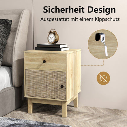 Rattan Nightstand with Drawer & Cabinet – Boho Style