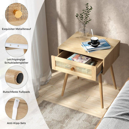 Rattan Nightstand with Drawer and Solid Wood Legs
