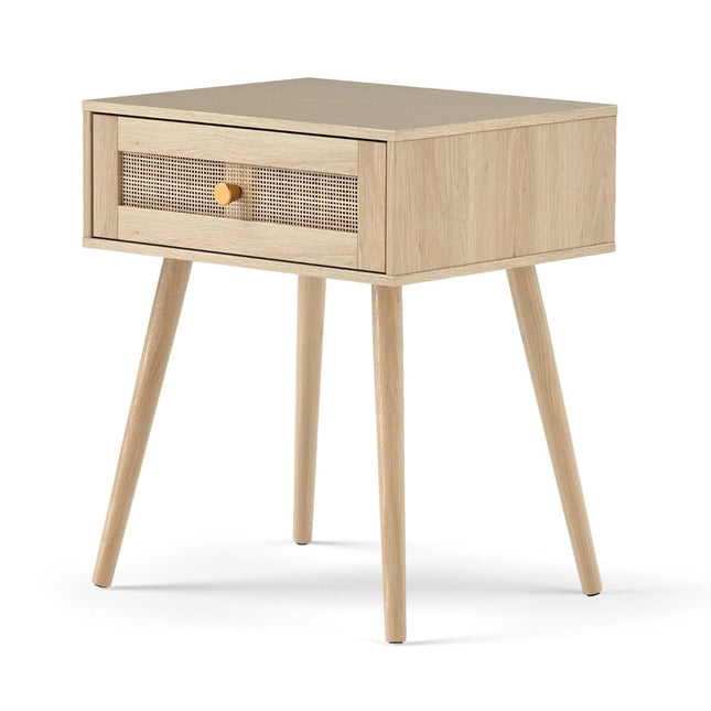 Rattan Nightstand with Drawer and Solid Wood Legs